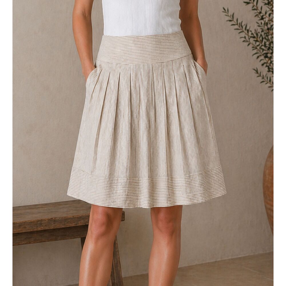 In Moda Seersucker Pleated Skirt Cotton A Line Pockets Tan White 8